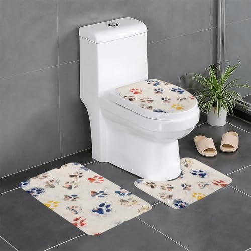 RTCVXZDSA 3-teiliges Badezimmerteppich-Set mit Tierpfotenabdrücken – weiches Plüsch-Badematten-Set mit U-förmigem WC-Bodenteppich, rutschfest, wasserdicht, Badteppich-Kombination für Zuhause von RTCVXZDSA