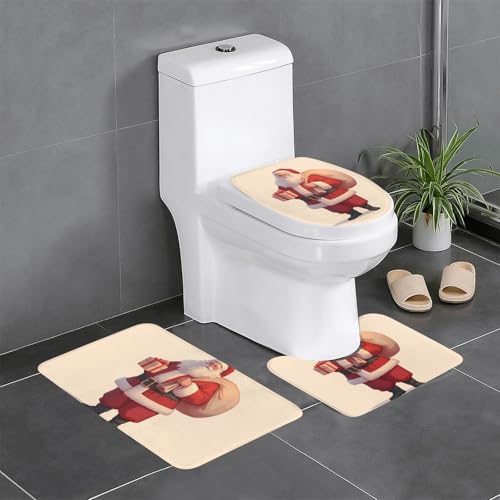 RTCVXZDSA 3-teiliges Badezimmerteppich-Set mit Weihnachtsmann-Motiv, weiches Plüsch-Badematten-Set mit U-förmigem WC-Bodenteppich, rutschfest, wasserdicht, Badteppich-Kombination für Zuhause von RTCVXZDSA