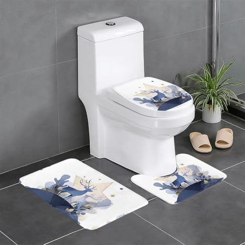 RTCVXZDSA 3-teiliges Badezimmerteppich-Set mit geometrischem Hirsch, weiches Plüsch-Badematten-Set mit U-förmigem WC-Bodenteppich, rutschfest, wasserdicht, Badteppich-Kombination für Zuhause von RTCVXZDSA