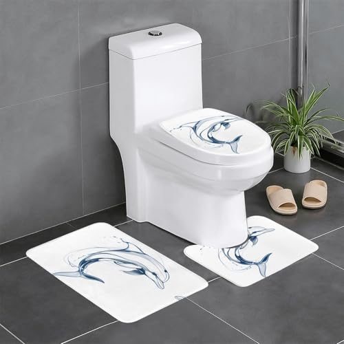 RTCVXZDSA 3-teiliges Badezimmerteppich-Set mit niedlichen Delfinen – weiches Plüsch-Badematten-Set mit U-förmigem WC-Bodenteppich, rutschfest, wasserdicht, Badteppich-Kombination für Zuhause von RTCVXZDSA