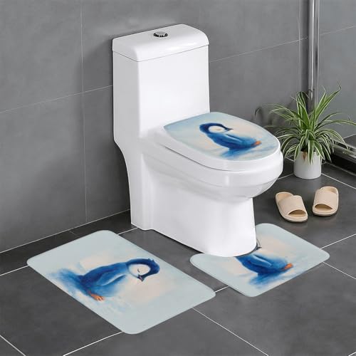 RTCVXZDSA 3-teiliges Badezimmerteppich-Set mit niedlichen Pinguinen – weiches Plüsch-Badematten-Set mit U-förmigem WC-Bodenteppich, rutschfest, wasserdicht, Badteppich-Kombination für Zuhause von RTCVXZDSA