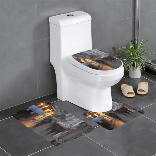 RTCVXZDSA 3-teiliges Badezimmerteppich-Set mit regnerischen Straßenszenen, weiches Plüsch-Badematten-Set mit U-förmigem WC-Bodenteppich, rutschfest, wasserdicht, Badteppich-Kombination für Zuhause von RTCVXZDSA
