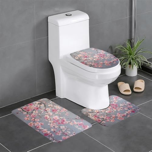 RTCVXZDSA 3-teiliges Badezimmerteppich-Set mit roten Blumen – weiches Plüsch-Badematten-Set mit U-förmigem WC-Bodenteppich, rutschfest, wasserdicht, Badteppich-Kombination für Zuhause, Kinderzimmer von RTCVXZDSA