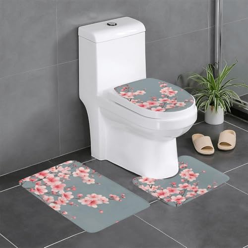 RTCVXZDSA 3-teiliges Badezimmerteppich-Set mit roten Blumen – weiches Plüsch-Badematten-Set mit U-förmigem WC-Bodenteppich, rutschfest, wasserdicht, Badteppich-Kombination für Zuhause, Kinderzimmer von RTCVXZDSA