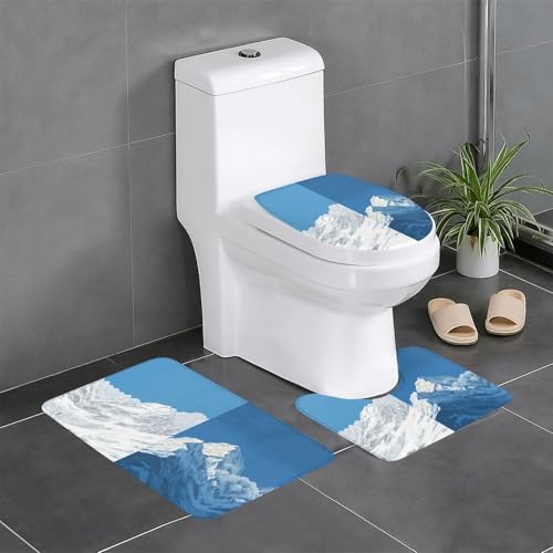 RTCVXZDSA 3-teiliges Badezimmerteppich-Set mit weißen Schneebedeckten Bergen – weiches Plüsch-Badematten-Set mit U-förmigem WC-Bodenteppich, rutschfest, wasserdicht, Badteppich-Kombination für Zuhause von RTCVXZDSA