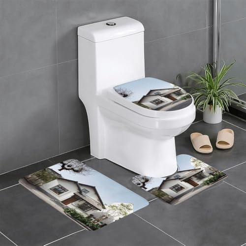 RTCVXZDSA A White House 3-teiliges Badezimmerteppich-Set – weiches Plüsch-Badematten-Set mit U-förmigem WC-Bodenteppich, rutschfest, wasserdicht, Badteppich-Kombination für Zuhause, Kinderzimmer von RTCVXZDSA