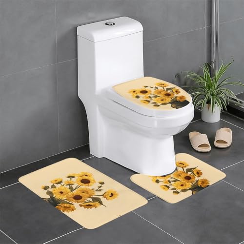 RTCVXZDSA Badezimmerteppich-Set mit gelben Blumen, weiches Plüsch-Badematten-Set mit U-förmigem WC-Bodenteppich, rutschfest, wasserdicht, Badteppich-Kombination für Zuhause, Kinderzimmer, Gästebad von RTCVXZDSA