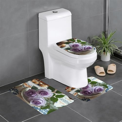 RTCVXZDSA Beautiful Roses 3-teiliges Badezimmerteppich-Set – weiches Plüsch-Badematten-Set mit U-förmigem WC-Bodenteppich, rutschfest, wasserdicht, Badteppich-Kombination für Zuhause, Kinderzimmer von RTCVXZDSA