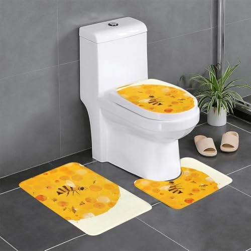 RTCVXZDSA Bee 3-teiliges Badezimmerteppich-Set – weiches Plüsch-Badematten-Set mit U-förmigem WC-Bodenteppich, rutschfest, wasserdicht, Badteppich-Kombination für Zuhause, Kinderzimmer, Gästebad von RTCVXZDSA