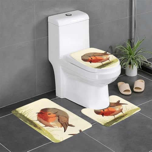 RTCVXZDSA Bird 3-teiliges Badezimmerteppich-Set – weiches Plüsch-Badematten-Set mit U-förmigem WC-Bodenteppich, rutschfest, wasserdicht, Badteppich-Kombination für Zuhause, Kinderzimmer, Gästebad von RTCVXZDSA