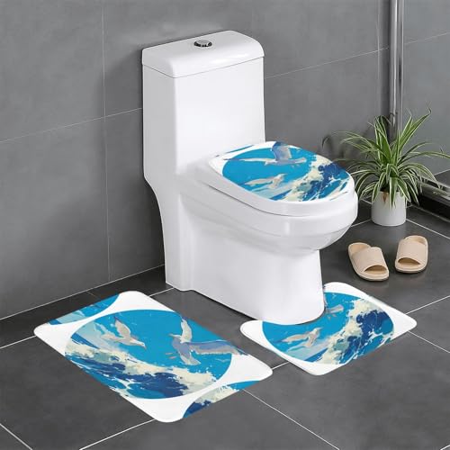 RTCVXZDSA Birds And The Sea 3-teiliges Badezimmerteppich-Set – weiches Plüsch-Badematten-Set mit U-förmigem WC-Bodenteppich, rutschfest, wasserdicht, Badteppich-Kombination für Zuhause, Kinderzimmer von RTCVXZDSA