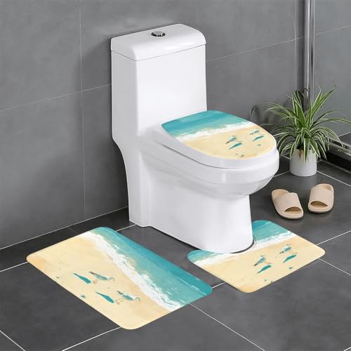 RTCVXZDSA Birds And The Sea 3-teiliges Badezimmerteppich-Set – weiches Plüsch-Badematten-Set mit U-förmigem WC-Bodenteppich, rutschfest, wasserdicht, Badteppich-Kombination für Zuhause, Kinderzimmer von RTCVXZDSA