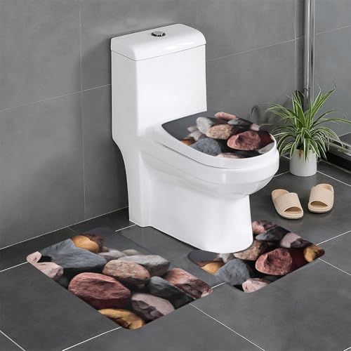 RTCVXZDSA Bunte Kieselsteine, 3-teiliges Badezimmerteppich-Set – weiches Plüsch-Badematten-Set mit U-förmigem WC-Bodenteppich, rutschfest, wasserdicht, Badteppich-Kombination für Zuhause, Kinderzimmer von RTCVXZDSA