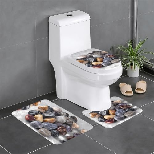 RTCVXZDSA Bunte Kieselsteine, 3-teiliges Badezimmerteppich-Set – weiches Plüsch-Badematten-Set mit U-förmigem WC-Bodenteppich, rutschfest, wasserdicht, Badteppich-Kombination für Zuhause, Kinderzimmer von RTCVXZDSA