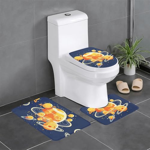 RTCVXZDSA Cartoon Planet 3-teiliges Badezimmerteppich-Set – weiches Plüsch-Badematten-Set mit U-förmigem WC-Bodenteppich, rutschfest, wasserdicht, Badteppich-Kombination für Zuhause, Kinderzimmer von RTCVXZDSA