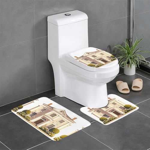 RTCVXZDSA Castle Building 3-teiliges Badezimmerteppich-Set – weiches Plüsch-Badematten-Set mit U-förmigem WC-Bodenteppich, rutschfest, wasserdicht, Badteppich-Kombination für Zuhause, Kinderzimmer von RTCVXZDSA
