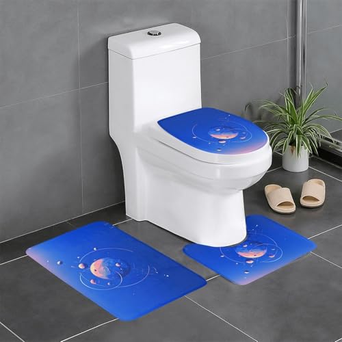 RTCVXZDSA Colorful Planet 3-teiliges Badezimmerteppich-Set – weiches Plüsch-Badematten-Set mit U-förmigem WC-Bodenteppich, rutschfest, wasserdicht, Badteppich-Kombination für Zuhause, Kinderzimmer von RTCVXZDSA