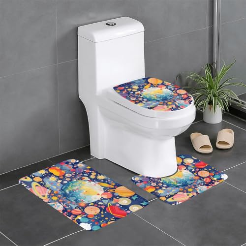 RTCVXZDSA Colorful Planet 3-teiliges Badezimmerteppich-Set – weiches Plüsch-Badematten-Set mit U-förmigem WC-Bodenteppich, rutschfest, wasserdicht, Badteppich-Kombination für Zuhause, Kinderzimmer von RTCVXZDSA
