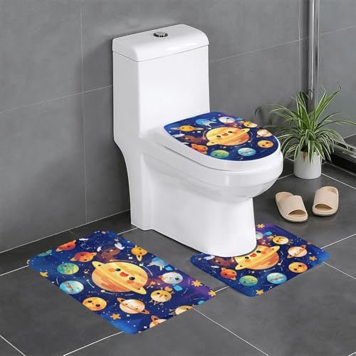 RTCVXZDSA Colorful Planet 3-teiliges Badezimmerteppich-Set – weiches Plüsch-Badematten-Set mit U-förmigem WC-Bodenteppich, rutschfest, wasserdicht, Badteppich-Kombination für Zuhause, Kinderzimmer von RTCVXZDSA