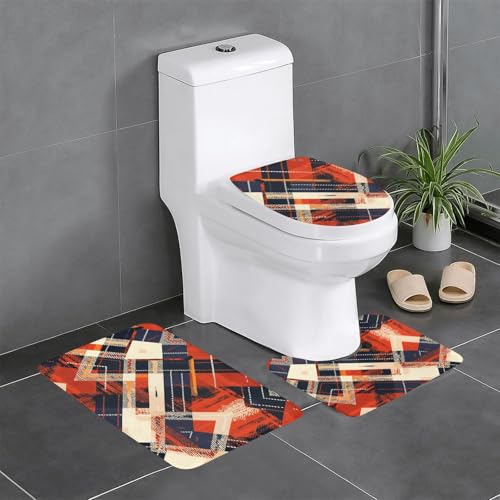 RTCVXZDSA Cross Grid 3-teiliges Badezimmerteppich-Set – weiches Plüsch-Badematten-Set mit U-förmigem WC-Bodenteppich, rutschfest, wasserdicht, Badteppich-Kombination für Zuhause, Kinderzimmer von RTCVXZDSA