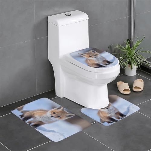 RTCVXZDSA Cute Fox 3-teiliges Badezimmerteppich-Set – weiches Plüsch-Badematten-Set mit U-förmigem WC-Bodenteppich, rutschfest, wasserdicht, Badteppich-Kombination für Zuhause, Kinderzimmer, Gästebad von RTCVXZDSA