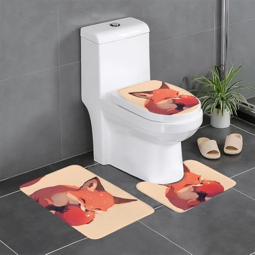 RTCVXZDSA Cute Fox 3-teiliges Badezimmerteppich-Set – weiches Plüsch-Badematten-Set mit U-förmigem WC-Bodenteppich, rutschfest, wasserdicht, Badteppich-Kombination für Zuhause, Kinderzimmer, Gästebad von RTCVXZDSA