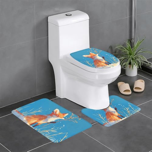 RTCVXZDSA Cute Fox 3-teiliges Badezimmerteppich-Set – weiches Plüsch-Badematten-Set mit U-förmigem WC-Bodenteppich, rutschfest, wasserdicht, Badteppich-Kombination für Zuhause, Kinderzimmer, Gästebad von RTCVXZDSA