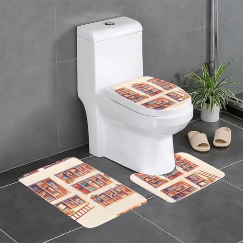 RTCVXZDSA Das Bücherregal in der Bibliothek 3-teiliges Badezimmerteppich-Set – weiches Plüsch-Badematten-Set mit U-förmigem WC-Bodenteppich, rutschfest, wasserdicht, Badteppich-Kombination für Zuhause von RTCVXZDSA