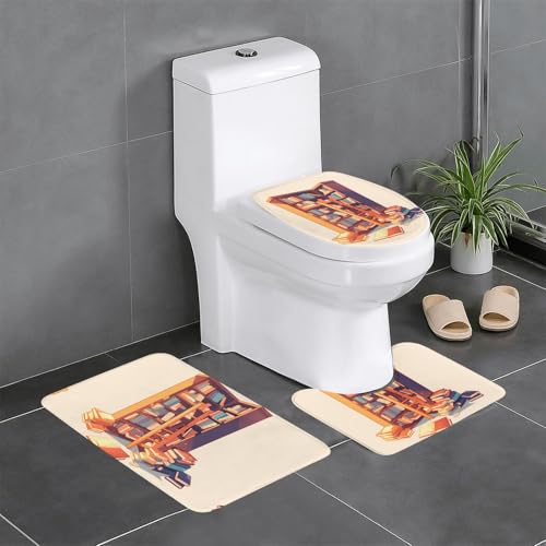 RTCVXZDSA Das Bücherregal in der Bibliothek 3-teiliges Badezimmerteppich-Set – weiches Plüsch-Badematten-Set mit U-förmigem WC-Bodenteppich, rutschfest, wasserdicht, Badteppich-Kombination für Zuhause von RTCVXZDSA