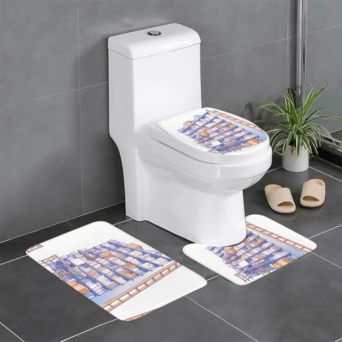 RTCVXZDSA Ein Bücherregal gefüllt mit Büchern, 3-teiliges Badezimmerteppich-Set – weiches Plüsch-Badematten-Set mit U-förmigem WC-Bodenteppich, rutschfest, wasserdicht, Badteppich-Kombination für von RTCVXZDSA