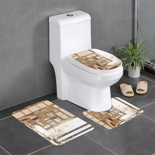 RTCVXZDSA Ein Bücherregal gefüllt mit Büchern, 3-teiliges Badezimmerteppich-Set – weiches Plüsch-Badematten-Set mit U-förmigem WC-Bodenteppich, rutschfest, wasserdicht, Badteppich-Kombination für von RTCVXZDSA