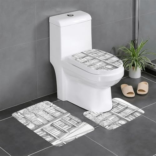RTCVXZDSA Ein Bücherregal gefüllt mit Büchern, 3-teiliges Badezimmerteppich-Set – weiches Plüsch-Badematten-Set mit U-förmigem WC-Bodenteppich, rutschfest, wasserdicht, Badteppich-Kombination für von RTCVXZDSA
