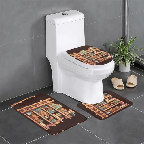 RTCVXZDSA Ein Bücherregal gefüllt mit Büchern, 3-teiliges Badezimmerteppich-Set – weiches Plüsch-Badematten-Set mit U-förmigem WC-Bodenteppich, rutschfest, wasserdicht, Badteppich-Kombination für von RTCVXZDSA