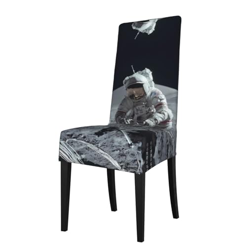 RTCVXZDSA Esszimmerstuhlschutz Astronauten bei der Arbeit, dehnbares Allover-Druck-Design, passend für die meisten armlosen Stühle (Höhe der Rückenlehne: 45,7–55,9 cm) von RTCVXZDSA