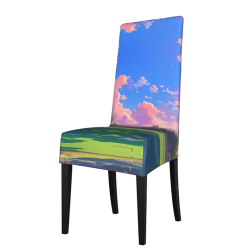RTCVXZDSA Esszimmerstuhlschutz mit Grasland und Bäumen, dehnbares Allover-Druck-Design, passend für die meisten armlosen Stühle (Höhe der Rückenlehne: 45,7–55,9 cm) von RTCVXZDSA