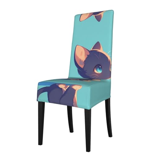 RTCVXZDSA Esszimmerstuhlschutz mit niedlicher Katze, dehnbares Allover-Druck-Design, passend für die meisten armlosen Stühle (Höhe der Rückenlehne: 45,7–55,9 cm) von RTCVXZDSA