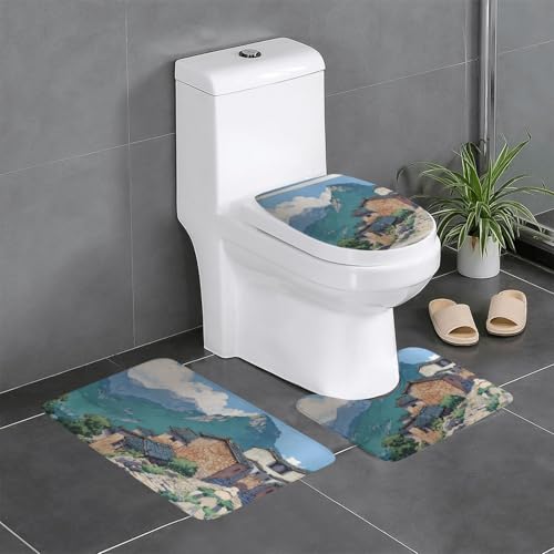 RTCVXZDSA Favorite Mountains and Waters 3-teiliges Badezimmerteppich-Set – weiches Plüsch-Badematten-Set mit U-förmigem WC-Bodenteppich, rutschfest, wasserdicht, Badteppich-Kombination für Zuhause von RTCVXZDSA