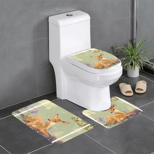 RTCVXZDSA Fawn 3-teiliges Badezimmerteppich-Set – weiches Plüsch-Badematten-Set mit U-förmigem WC-Bodenteppich, rutschfest, wasserdicht, Badteppich-Kombination für Zuhause, Kinderzimmer, Gästebad von RTCVXZDSA