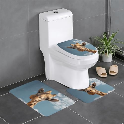 RTCVXZDSA Giraffe 3-teiliges Badezimmerteppich-Set – weiches Plüsch-Badematten-Set mit U-förmigem WC-Bodenteppich, rutschfest, wasserdicht, Badteppich-Kombination für Zuhause, Kinderzimmer, Gästebad von RTCVXZDSA