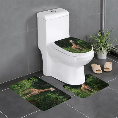 RTCVXZDSA Giraffe 3-teiliges Badezimmerteppich-Set – weiches Plüsch-Badematten-Set mit U-förmigem WC-Bodenteppich, rutschfest, wasserdicht, Badteppich-Kombination für Zuhause, Kinderzimmer, Gästebad von RTCVXZDSA