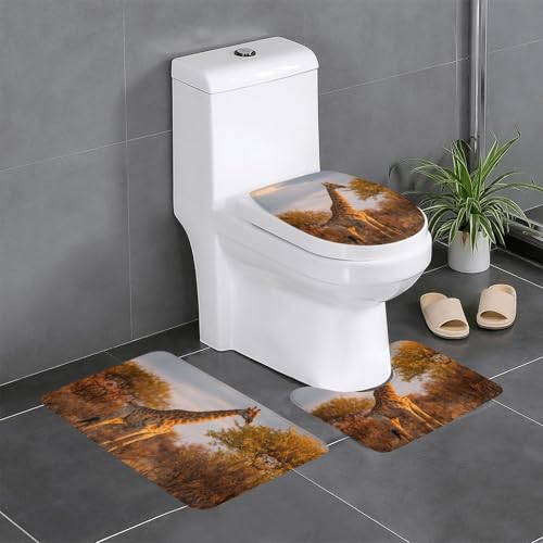 RTCVXZDSA Giraffe 3-teiliges Badezimmerteppich-Set – weiches Plüsch-Badematten-Set mit U-förmigem WC-Bodenteppich, rutschfest, wasserdicht, Badteppich-Kombination für Zuhause, Kinderzimmer, Gästebad von RTCVXZDSA