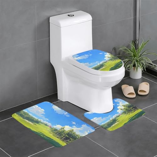 RTCVXZDSA Grassland and Trees 3-teiliges Badezimmerteppich-Set – weiches Plüsch-Badematten-Set mit U-förmigem WC-Bodenteppich, rutschfest, wasserdicht, Badteppich-Kombination für Zuhause, Kinderzimmer von RTCVXZDSA