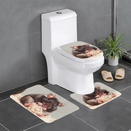 RTCVXZDSA Hamster 3-teiliges Badezimmerteppich-Set – weiches Plüsch-Badematten-Set mit U-förmigem WC-Bodenteppich, rutschfest, wasserdicht, Badteppich-Kombination für Zuhause, Kinderzimmer, Gästebad von RTCVXZDSA