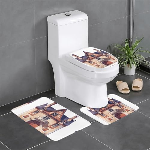 RTCVXZDSA House 3-teiliges Badezimmerteppich-Set – weiches Plüsch-Badematten-Set mit U-förmigem WC-Bodenteppich, rutschfest, wasserdicht, Badteppich-Kombination für Zuhause, Kinderzimmer, Gästebad von RTCVXZDSA