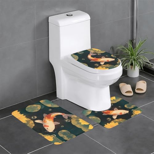 RTCVXZDSA Koi Fish 3-teiliges Badezimmerteppich-Set – weiches Plüsch-Badematten-Set mit U-förmigem WC-Bodenteppich, rutschfest, wasserdicht, Badteppich-Kombination für Zuhause, Kinderzimmer, Gästebad von RTCVXZDSA