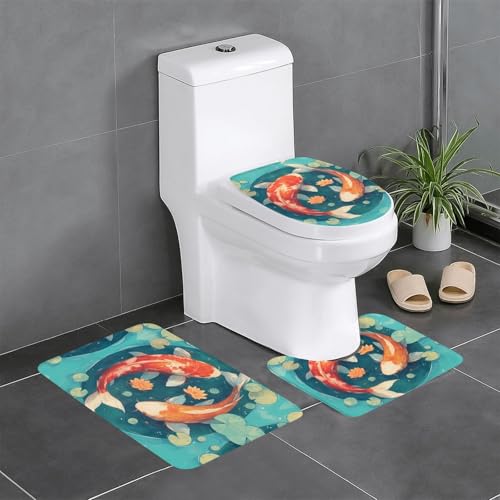 RTCVXZDSA Koi Fish 3-teiliges Badezimmerteppich-Set – weiches Plüsch-Badematten-Set mit U-förmigem WC-Bodenteppich, rutschfest, wasserdicht, Badteppich-Kombination für Zuhause, Kinderzimmer, Gästebad von RTCVXZDSA