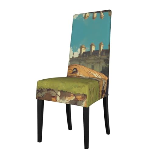 RTCVXZDSA Liegender Tiger-Esszimmerstuhl-Schutz, dehnbar, Allover-Design, passend für die meisten armlosen Stühle (Höhe der Rückenlehne: 45,7–55,9 cm) von RTCVXZDSA