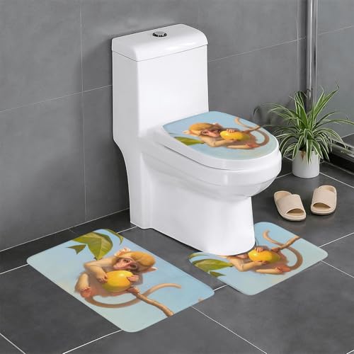 RTCVXZDSA Monkey With Mango 3-teiliges Badezimmerteppich-Set – weiches Plüsch-Badematten-Set mit U-förmigem WC-Bodenteppich, rutschfest, wasserdicht, Badteppich-Kombination für Zuhause, Kinderzimmer von RTCVXZDSA