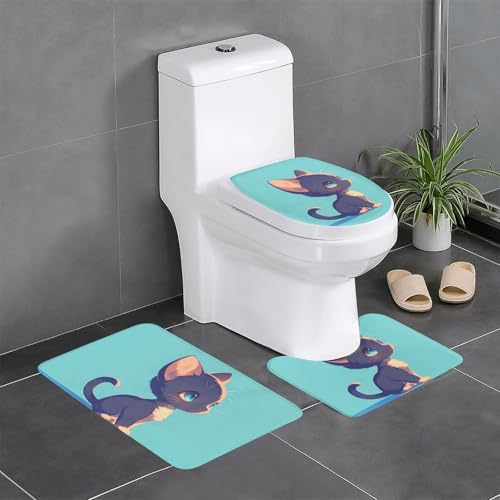 RTCVXZDSA Niedliche Katze, 3-teiliges Badezimmerteppich-Set – weiches Plüsch-Badematten-Set mit U-förmigem WC-Bodenteppich, rutschfest, wasserdicht, Badteppich-Kombination für Zuhause, Kinderzimmer von RTCVXZDSA