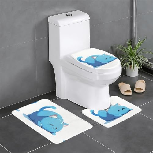 RTCVXZDSA Niedliche Katze, 3-teiliges Badezimmerteppich-Set – weiches Plüsch-Badematten-Set mit U-förmigem WC-Bodenteppich, rutschfest, wasserdicht, Badteppich-Kombination für Zuhause, Kinderzimmer von RTCVXZDSA
